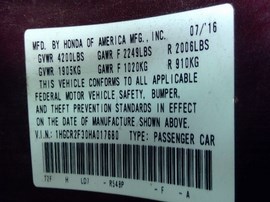 2017 ACCORD, MAROON, LX, 2.4L, AT,  A24050